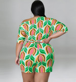 Large size women's summer oblique shoulder printed shorts jumpsuit