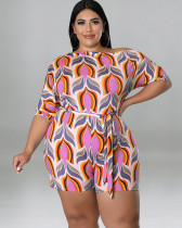Large size women's summer oblique shoulder printed shorts jumpsuit