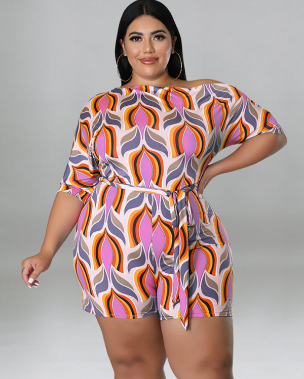 Large size women's summer oblique shoulder printed shorts jumpsuit