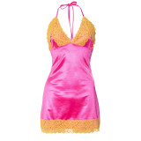 Women's satin lace halter neck backless dress