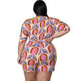 Large size women's summer oblique shoulder printed shorts jumpsuit
