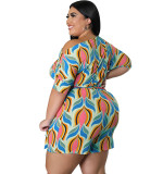 Large size women's summer oblique shoulder printed shorts jumpsuit