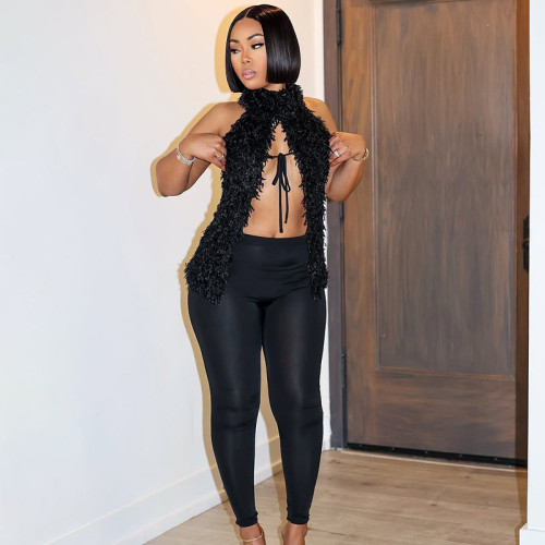 Women's Sexy Furry Tie-Drawstring Top Tight Pants Two-Piece Set