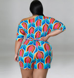 Large size women's summer oblique shoulder printed shorts jumpsuit