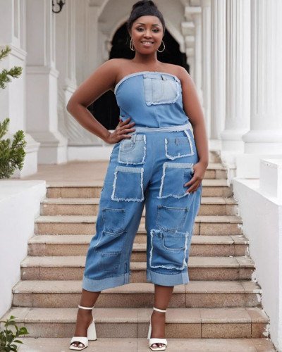 Summer sexy multi-pocket washed denim strapless cargo jumpsuit