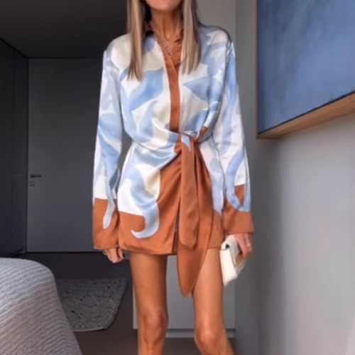 Women's contrast color casual irregular knotted long-sleeved blouse dress