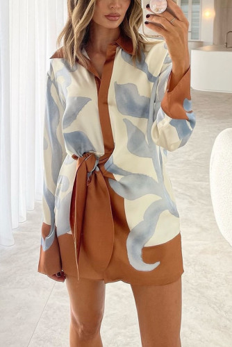 Women's contrast color casual irregular knotted long-sleeved blouse dress