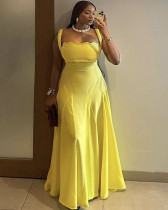 Women's Fashion Sling Wave Neck High Waist Yellow Long Maxi Dress