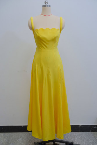 Women's Fashion Sling Wave Neck High Waist Yellow Long Maxi Dress