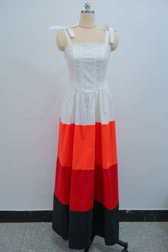 Women's Bowknot Sling Contrast Color High Waist Maxi Dress