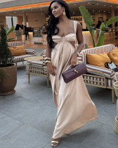 Women solid color sexy hollow out sling long dress