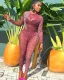 Women's sexy micro-transparent pants suit round neck tight pants elastic two-piece leopard print clothing