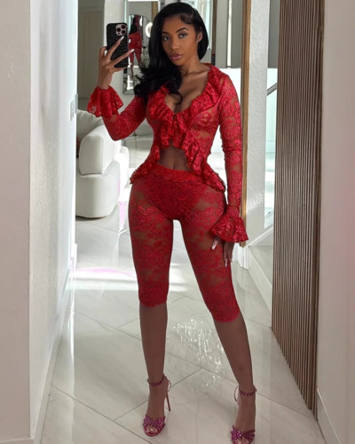 Women lace sheer top + shorts set two piece clothing