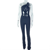 Women's solid color slim fit metal ring one shoulder jumpsuit