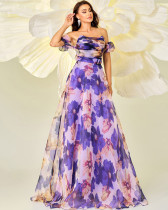 Women's high-end off-shoulder slim waist printed banquet big swing evening dress female