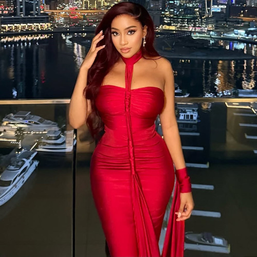 Women's solid color backless pleated off-shoulder banquet dress