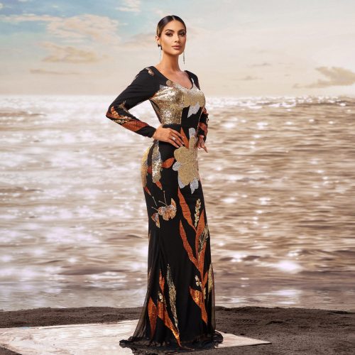 Women's high-end long-sleeved V-neck slim-fit sequined banquet fishtail evening dress