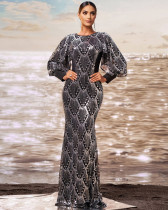 Women's high-end long-sleeved round neck slim sequined banquet fishtail evening dress