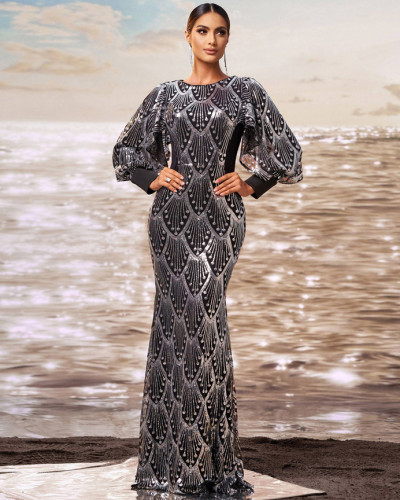 Women's high-end long-sleeved round neck slim sequined banquet fishtail evening dress