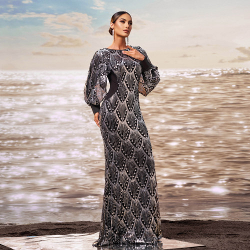 Women's high-end long-sleeved round neck slim sequined banquet fishtail evening dress