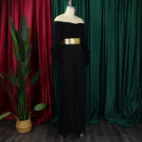 Off shoulder ruffle sleeves solid color pleated wide-leg African jumpsuit