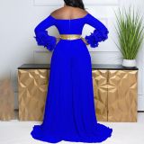 Off shoulder ruffle sleeves solid color pleated wide-leg African jumpsuit