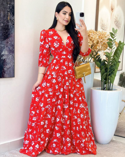 Women's floral print V-neck loose long dress