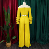 Off shoulder ruffle sleeves solid color pleated wide-leg African jumpsuit