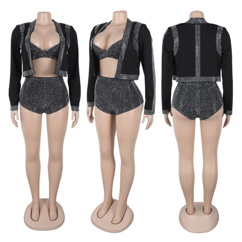 Sexy elegant rhinestone three-piece short set for women