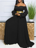 Off shoulder ruffle sleeves solid color pleated wide-leg African jumpsuit