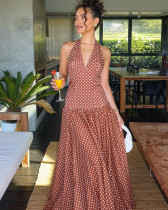 Women's Summer Fashion Polka Dot Printed Swing Skirt V-Neck Halter Dress