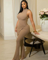 Women's summer solid color sleeveless high collar split top slim fit trousers casual two piece set