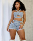 Women's denim vest shorts set tube top and strappy elastic shorts set
