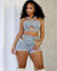 Women's denim vest shorts set tube top and strappy elastic shorts set