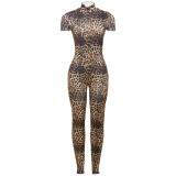 Women's Sexy Backless Tight Printed Short Sleeve Jumpsuit