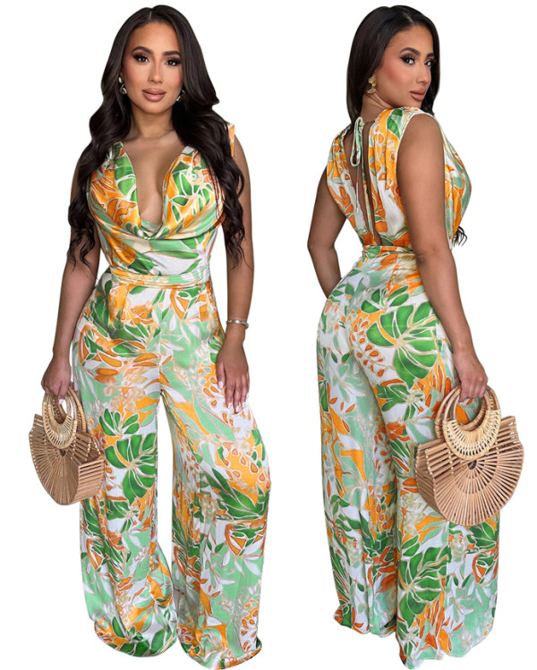 Women's Sleeveless Lace-up Wide-leg Printed Jumpsuit