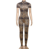 Women's Sexy Backless Tight Printed Short Sleeve Jumpsuit