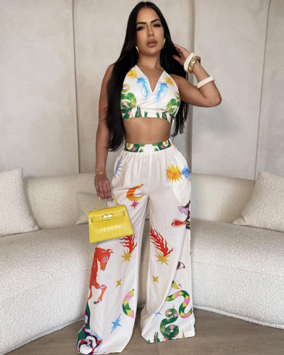 Printed V-neck sexy halter neck wide-leg pants set for women