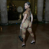 Women's Sexy Backless Tight Printed Short Sleeve Jumpsuit