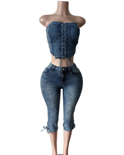 Bandeau top strappy cropped pants set Elastic lace-up denim set
