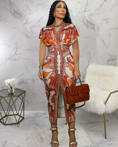 Women's short-sleeved V-neck slim-fitting printed dress