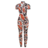 Women's Sexy Backless Tight Printed Short Sleeve Jumpsuit