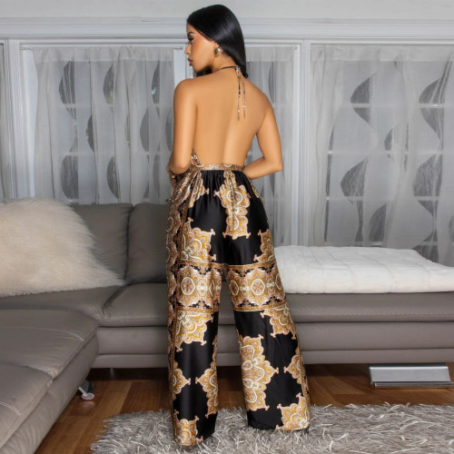 Women's Summer Printed Sexy Backless Sleeveless Jumpsuit