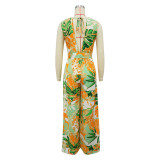 Women's Sleeveless Lace-up Wide-leg Printed Jumpsuit