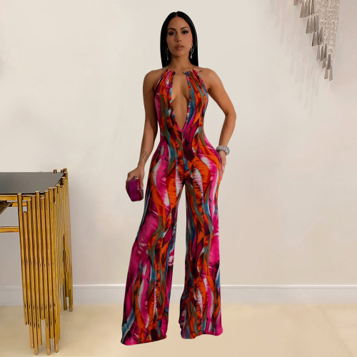 Women's printed sleeveless deep V colorblock backless long jumpsuit