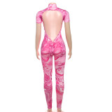 Women's Sexy Backless Tight Printed Short Sleeve Jumpsuit