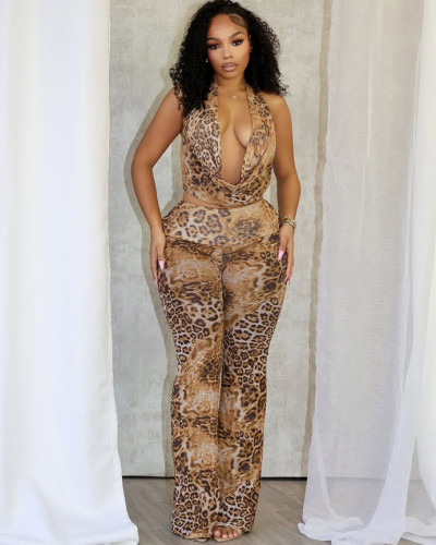 Women's Leopard Print Slim Fit Sexy Halter Neck Top Trousers Set