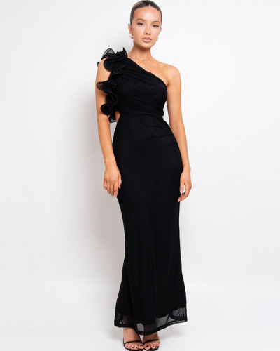 Women's Sexy Mesh Maxi Dress One Shoulder Flower Slim Dress