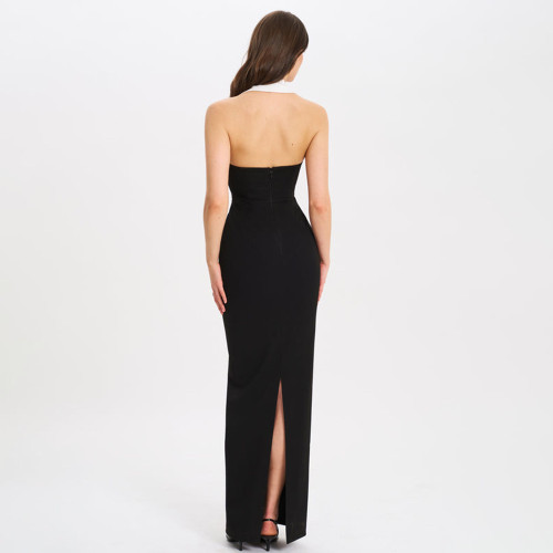 Women's lapel long dress with open back and slits