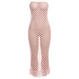 Women's Color Knitted Dress Cover Up Sleeveless Bodysuit Set